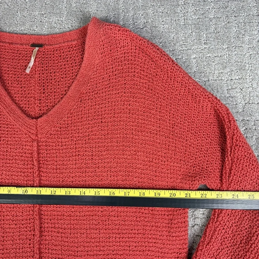 Free People Sweater Womens Open Weave Knit V-Neck Slubby Coral Orange Pullover S